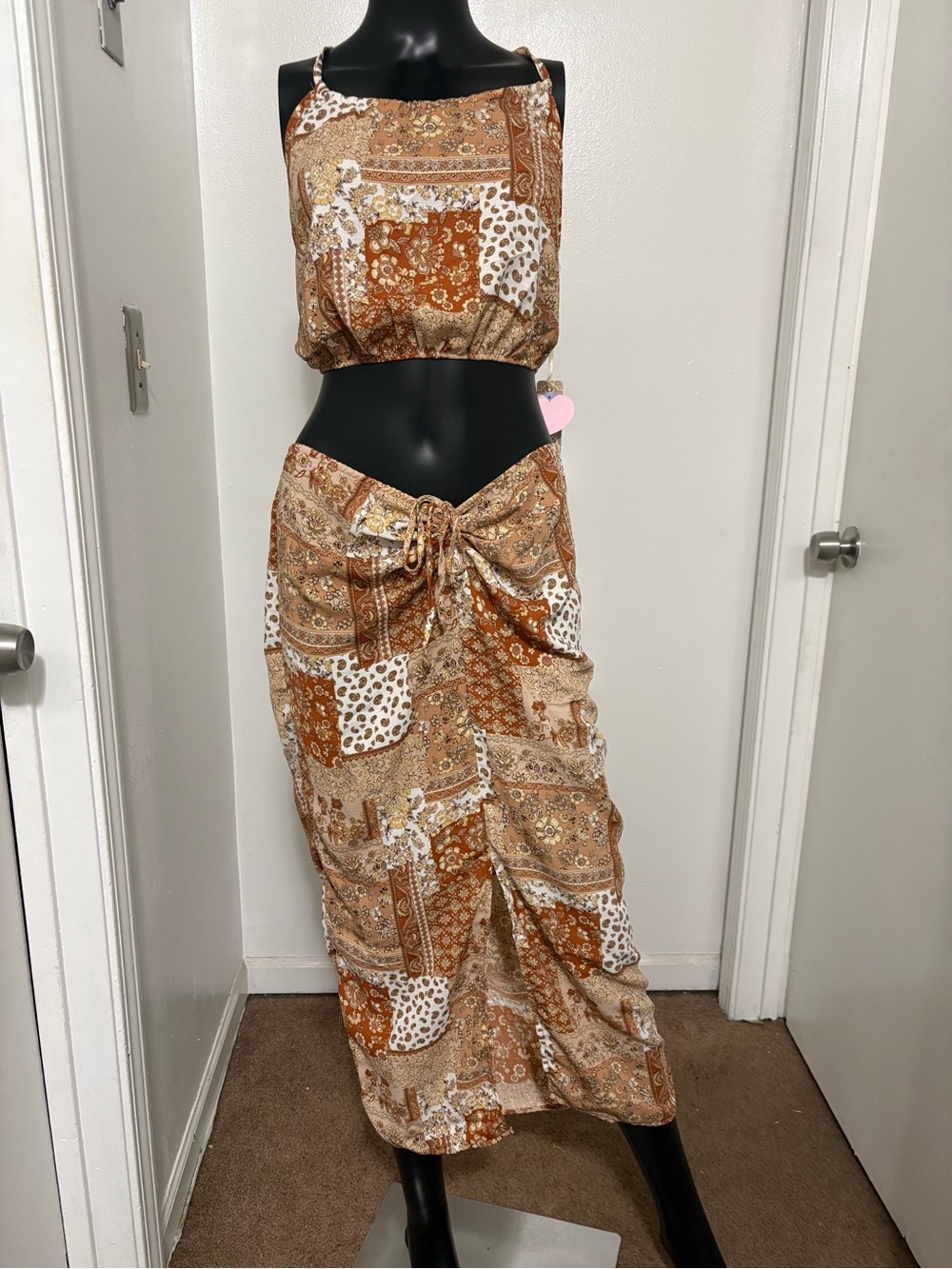 iris Brown Patchwork Print Two-Piece Skirt Set NWT Large